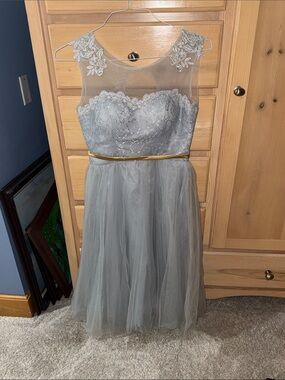 Light Gray Lace & Tulle Cocktail Dress with Gold Belt